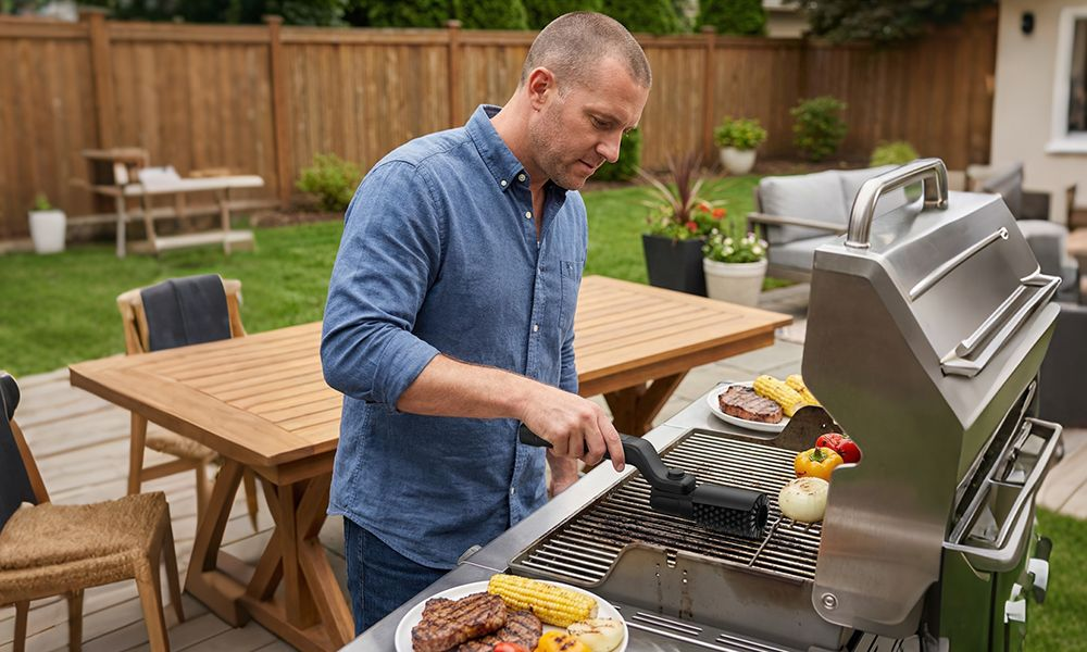 Person using a powered electric grill cleaner on a stainless steel gas grill in a backyard