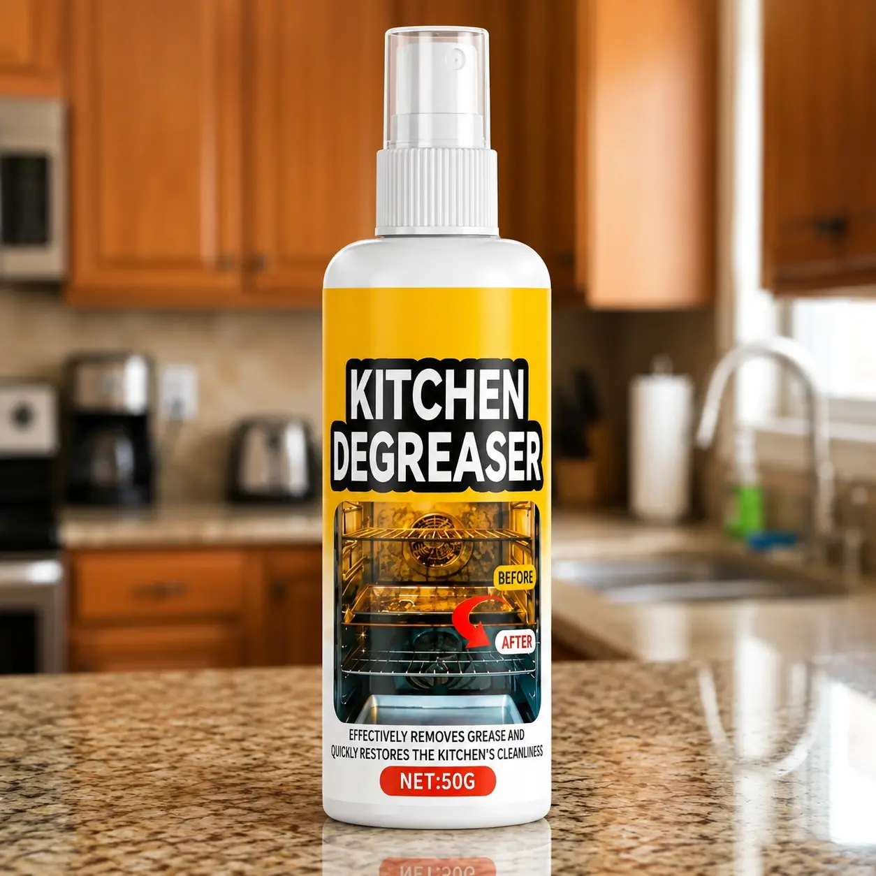 Grease Killer Spray bottle on a kitchen counter for oven and range hood cleaning