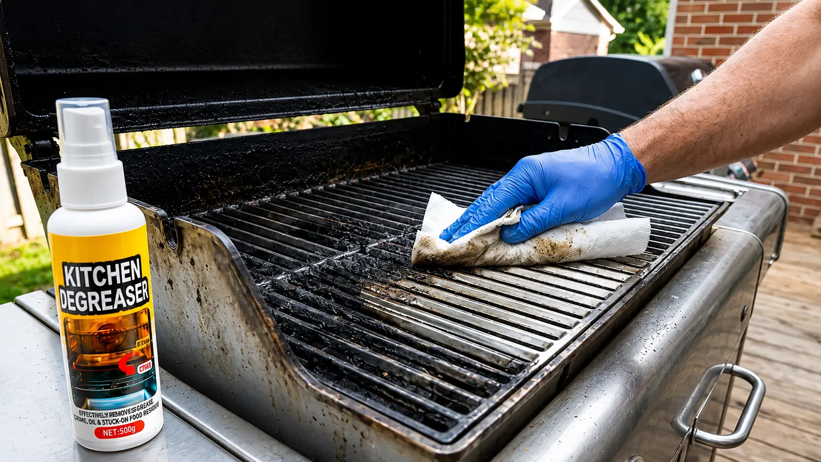 Grease Killer Spray bottle beside a grill grate being wiped clean of baked-on grease