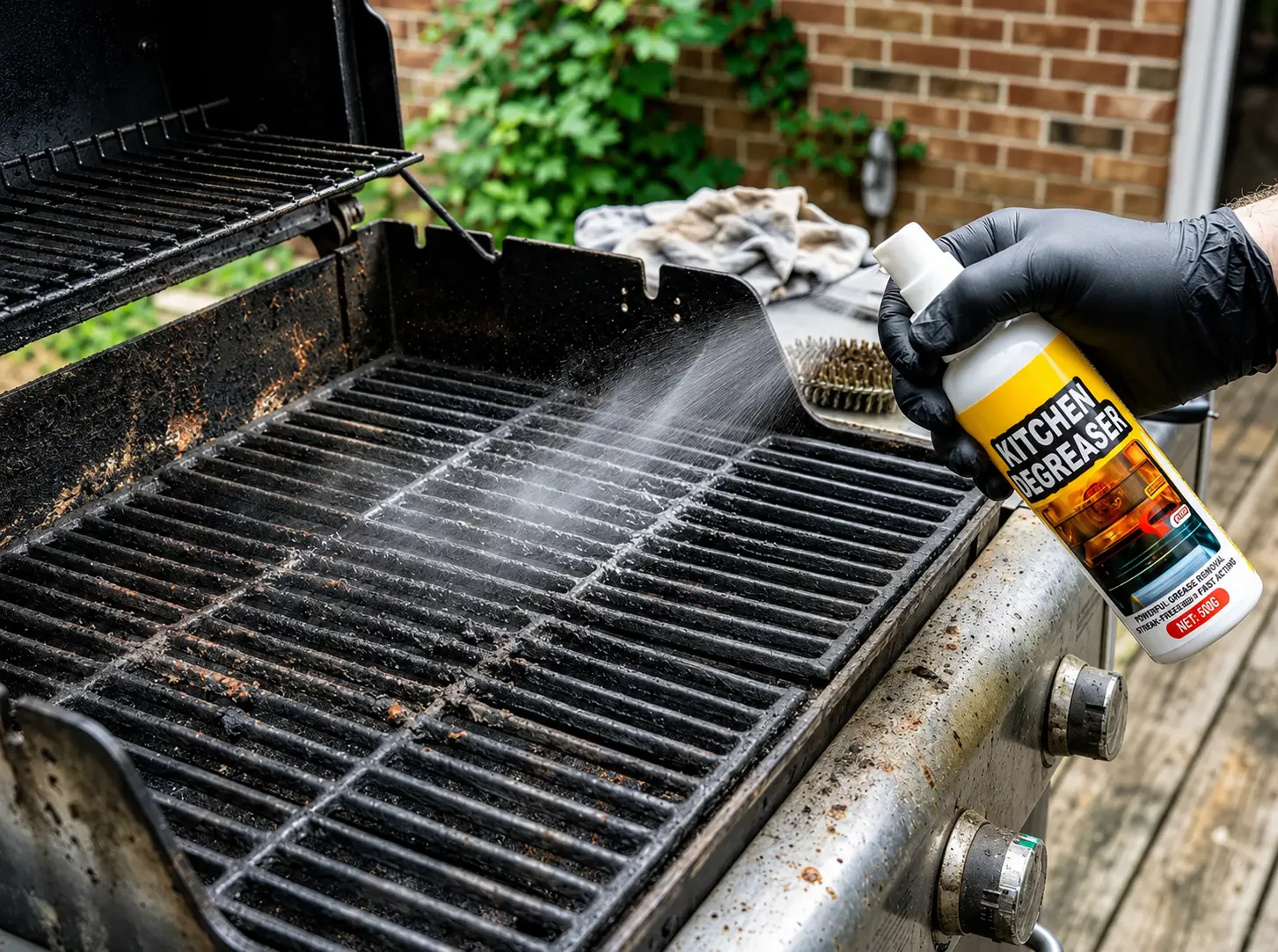 Spraying Grease Killer Spray onto dirty grill grates
