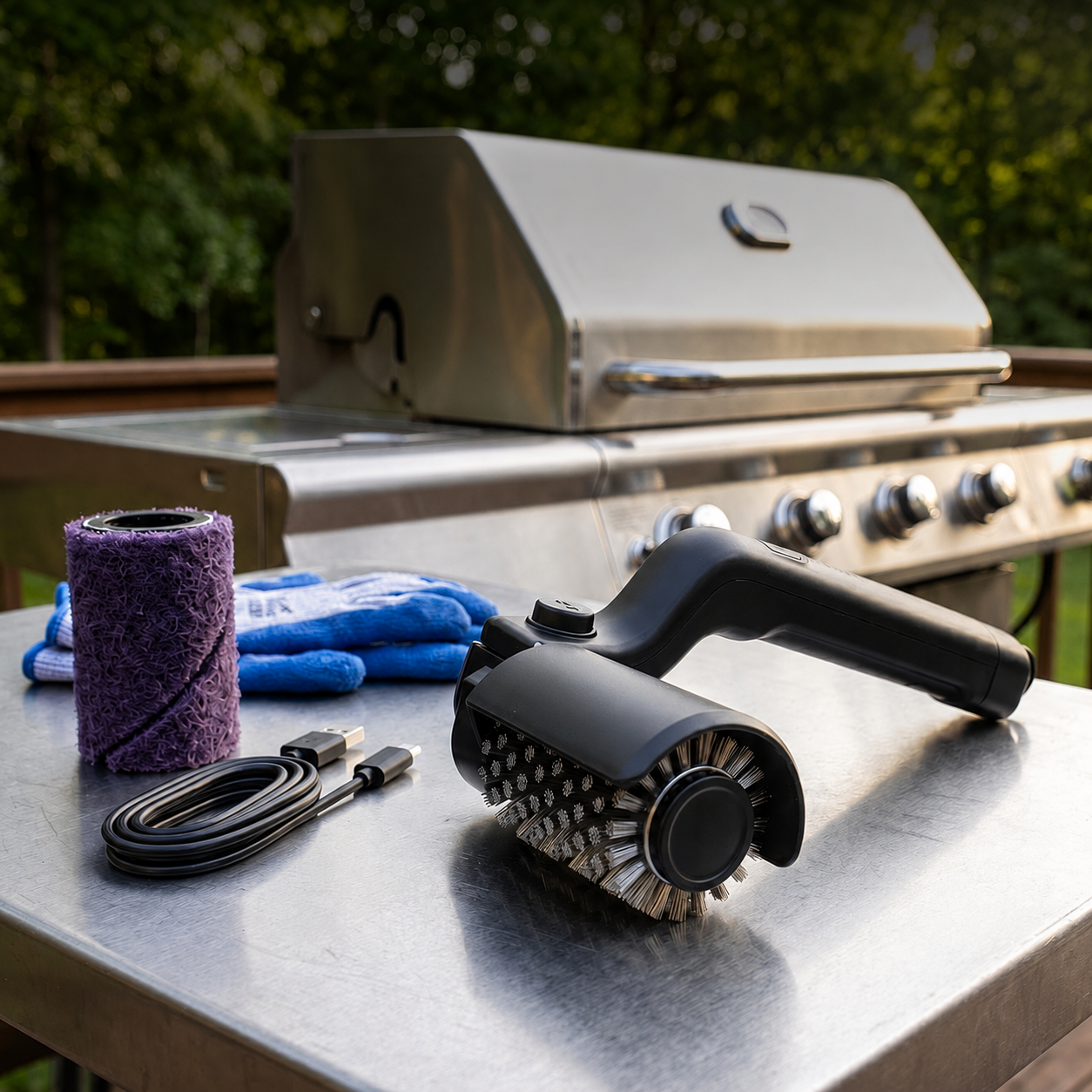 GrillWizz electric grill cleaner kit on a stainless prep table with replacement scrub roller, USB-C charging cable, and heat-resistant gloves in front of a gas grill