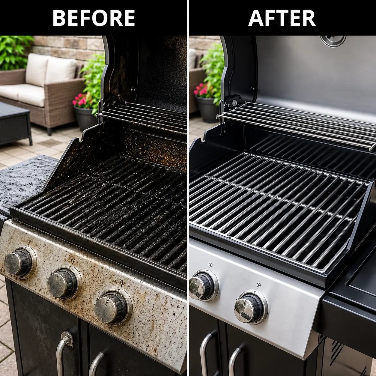 Before and after comparison of a heavily carbonized grill grate cleaned with Grease Killer Spray