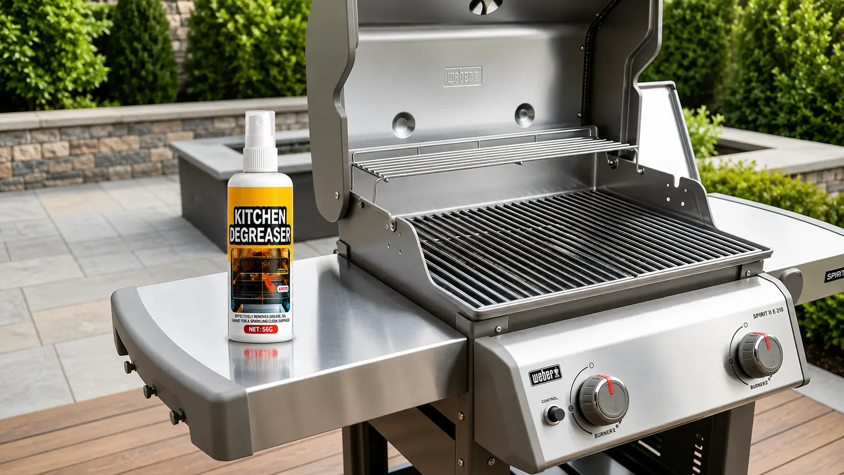 Grease Killer Spray on a clean Weber gas grill on a patio