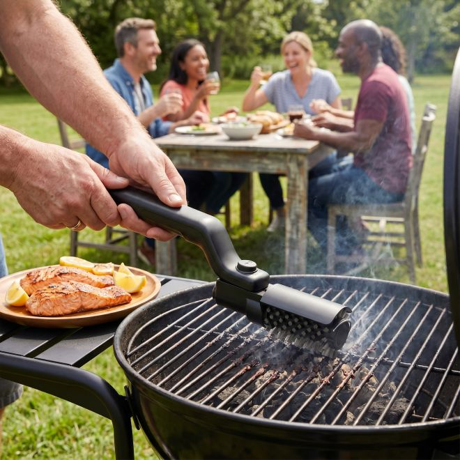 GrillWizz powered grill brush cleaning the cast-iron grates of a charcoal kettle grill at a backyard cookout