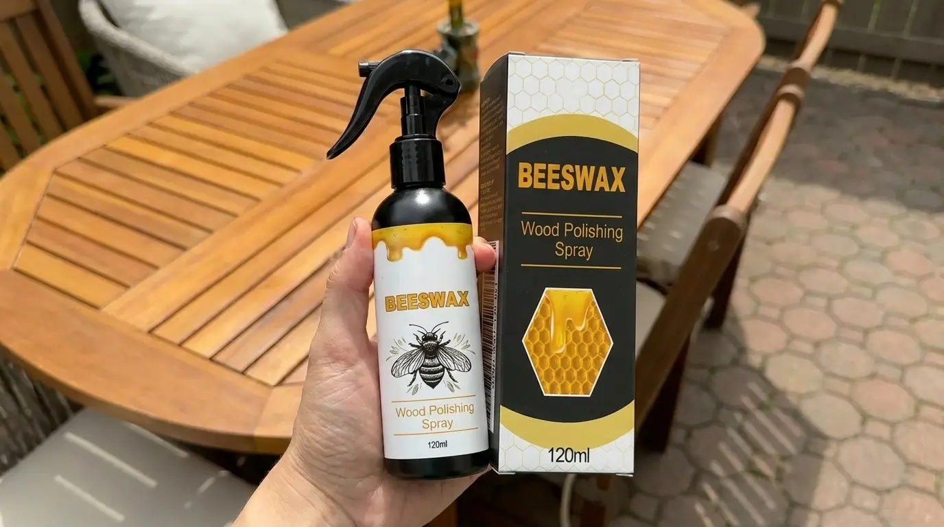 WoodFix Spray bottle and box held in front of an outdoor wood patio table