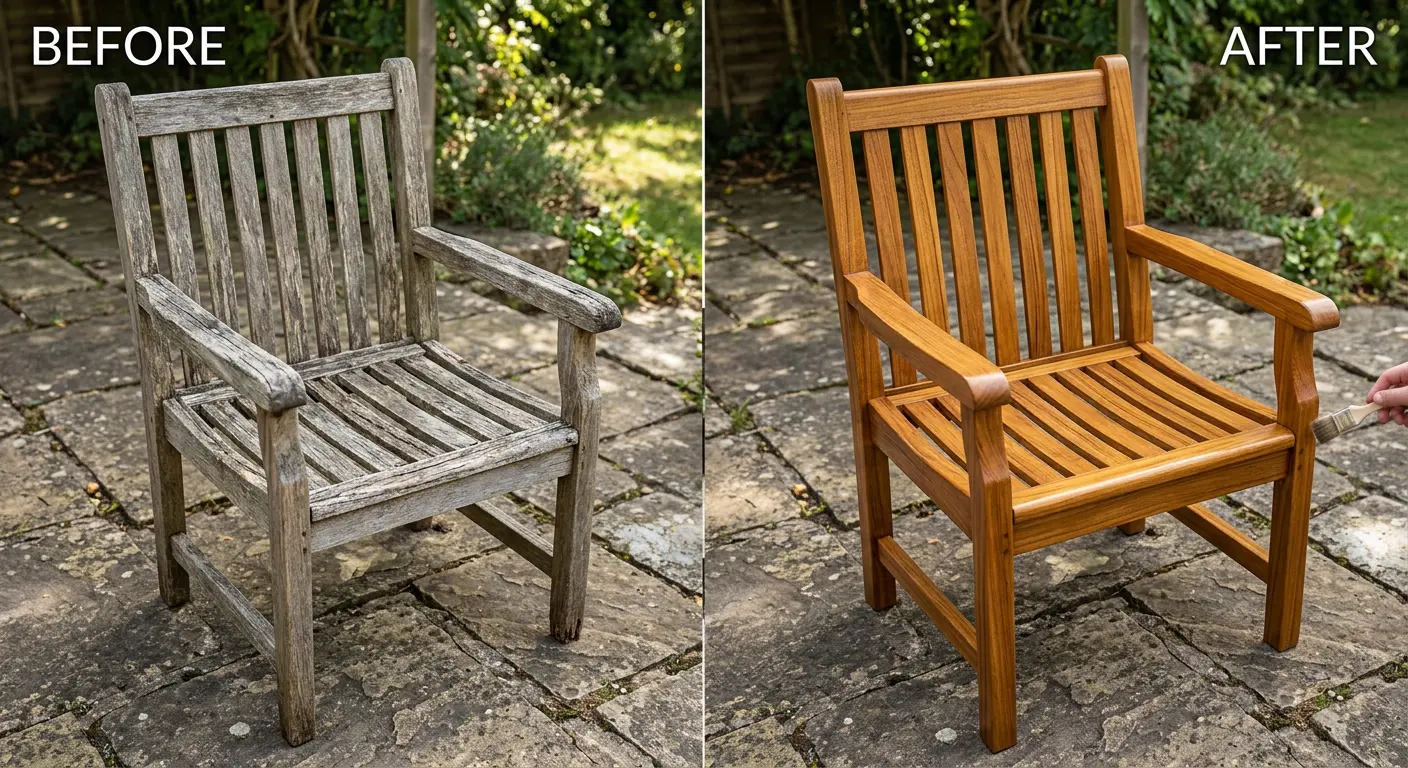 Before and after outdoor wood chair image showing gray weathered wood on one side and refreshed wood on the other