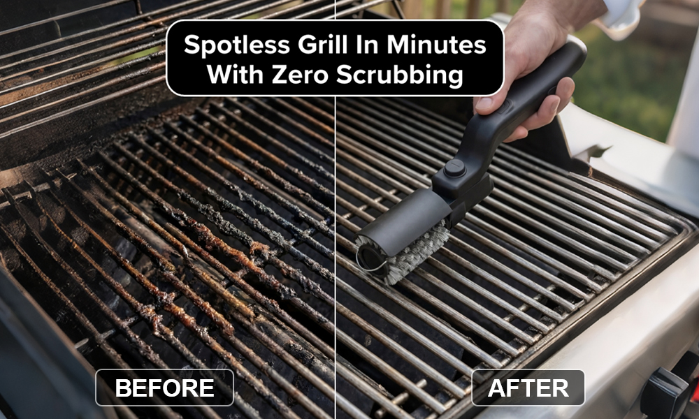 Before and after of a BBQ grill grate cleaned with the Amestory CleanLock Grill Brush