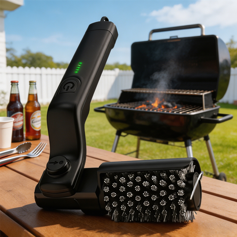 Amestory CleanLock Grill Brush — cordless electric grill cleaning brush beside a hot BBQ grill