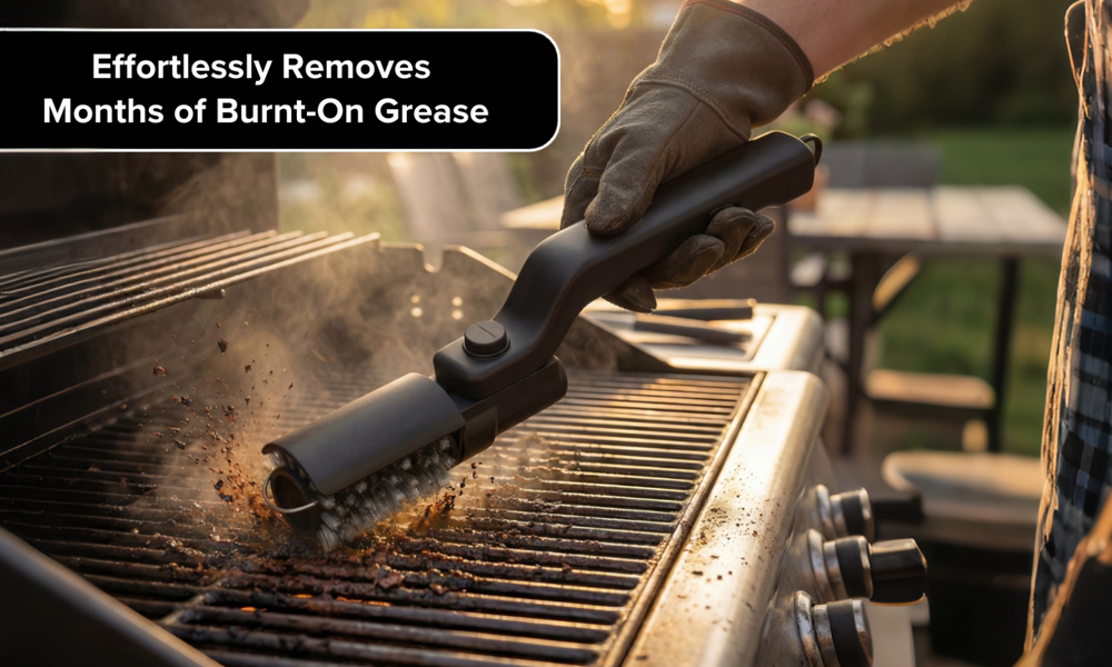 Amestory CleanLock Grill Brush rotating head cleaning a BBQ grate with stuck-on residue