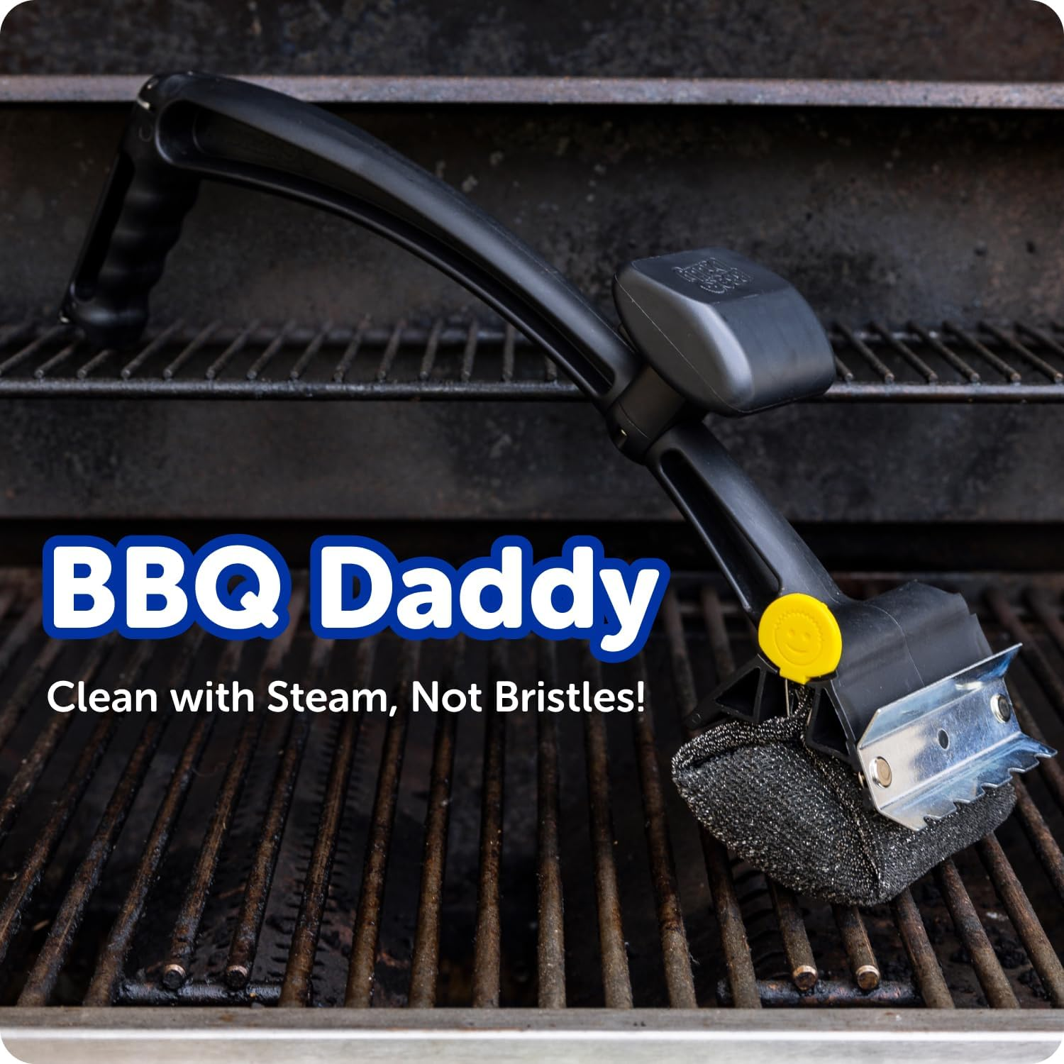 Scrub Daddy BBQ Daddy grill brush scraping a hot BBQ grate