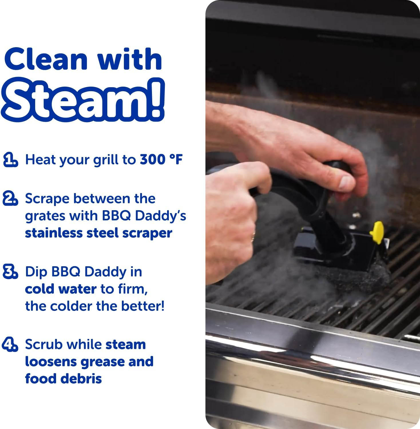 Step-by-step diagram showing how to clean a grill with BBQ Daddy using water and steam