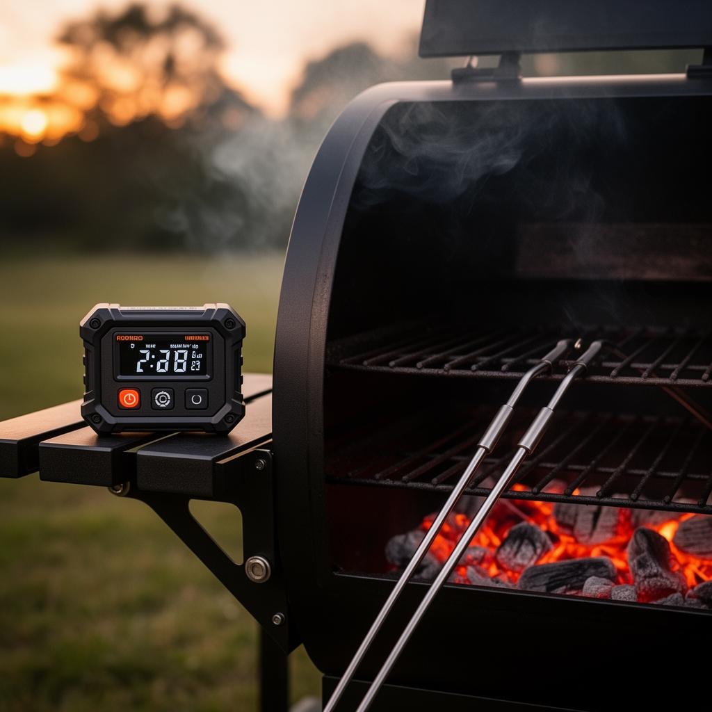 BBQ pit thermometer mounted on an offset smoker with probes inside the chamber