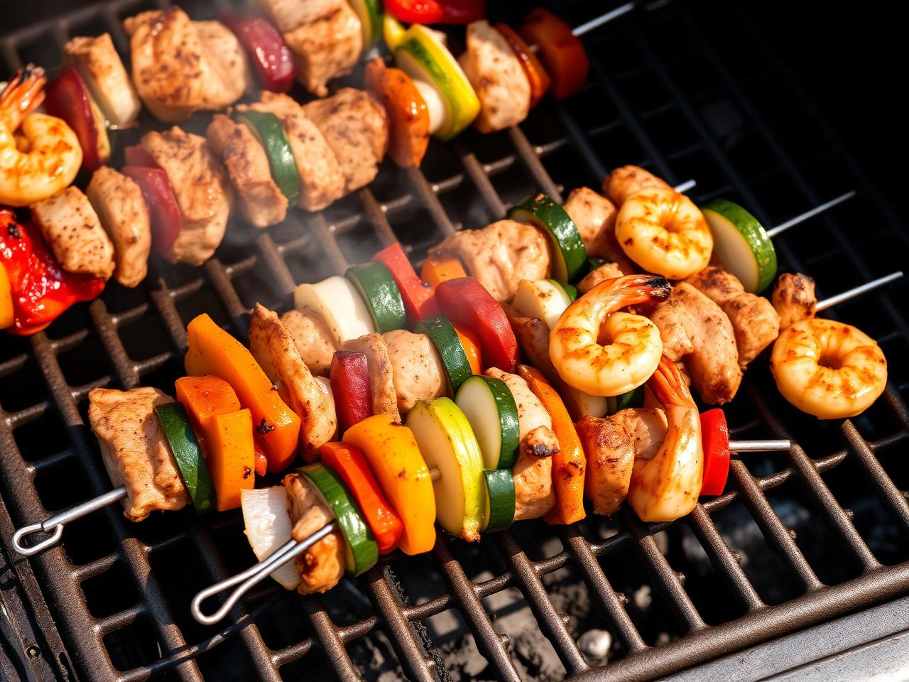 Grill skewers loaded with chicken, vegetables, and shrimp
