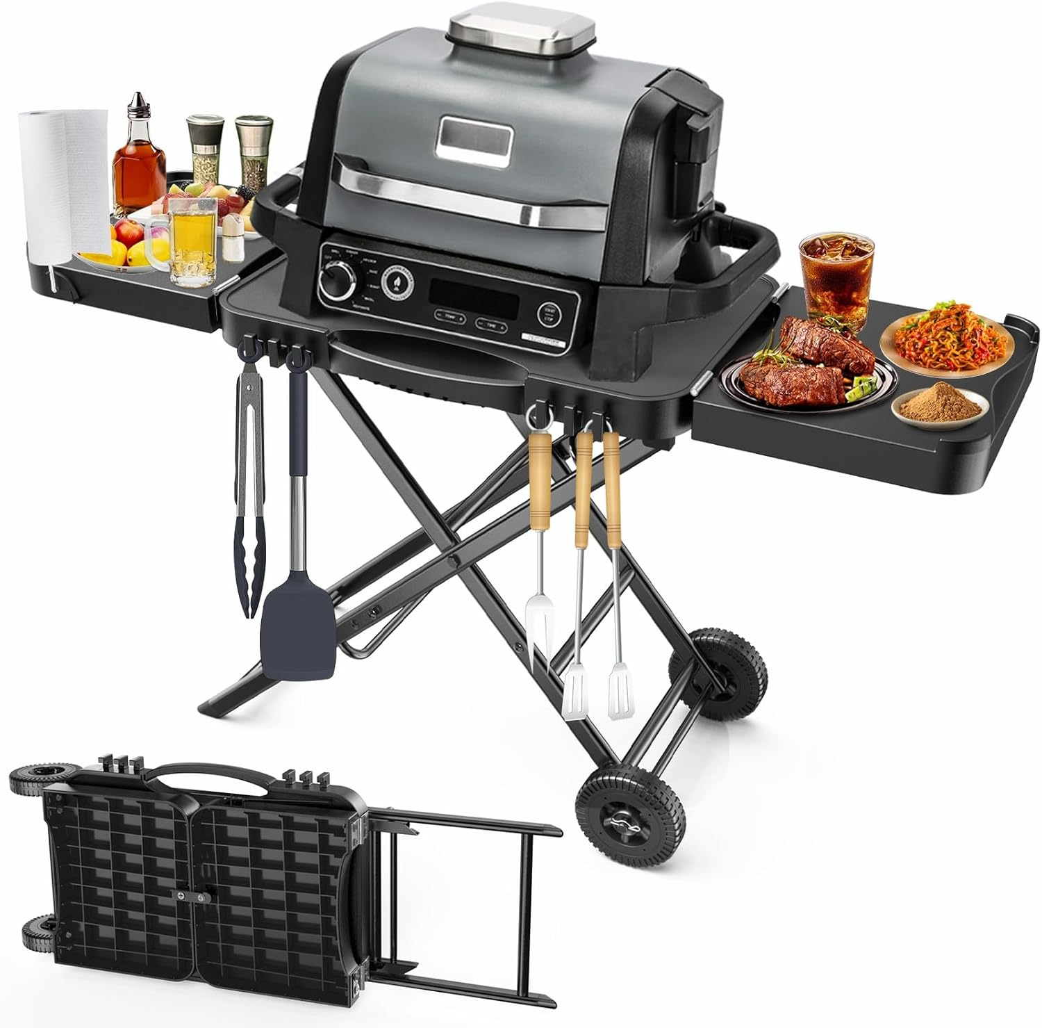 A Ninja Woodfire-style outdoor grill mounted on a black powder-coated steel cart stand with two wheels and a side basket on a flagstone patio at golden hour