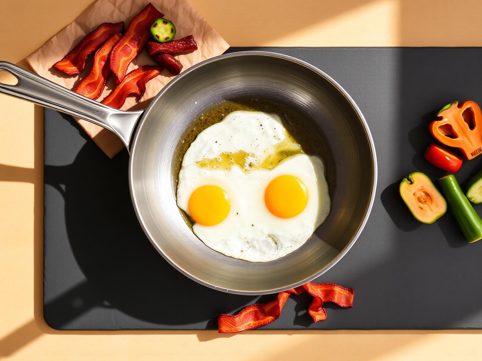 Titanium-style frying pan cooking eggs with bacon and vegetables on a slate countertop