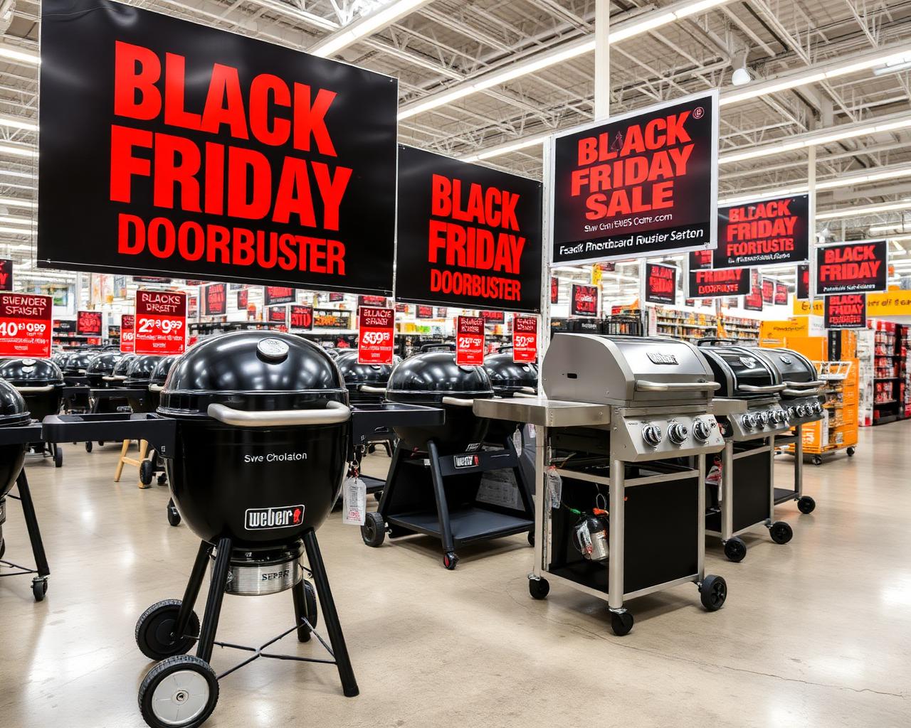 Weber grills displayed at Home Depot with Black Friday doorbuster discount signage