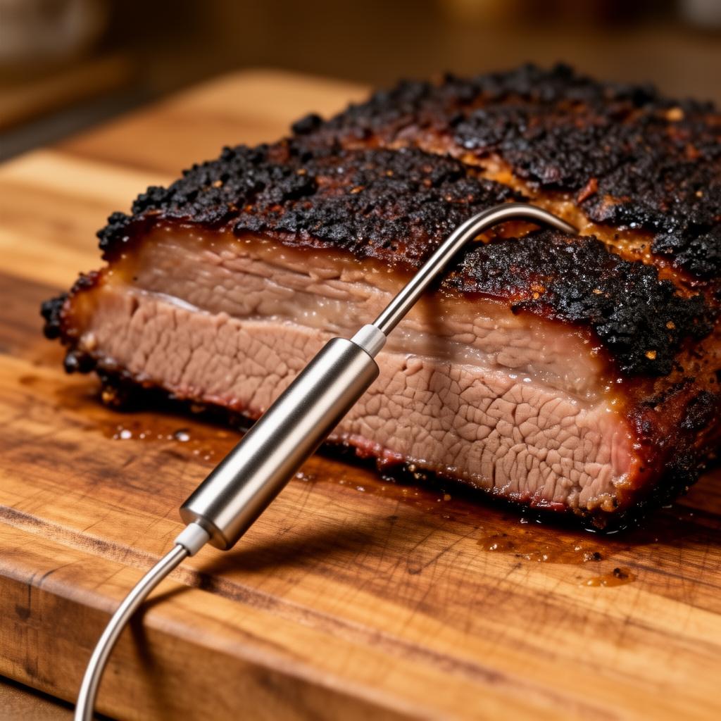 Leave-in probe thermometer inserted into a sliced smoked brisket