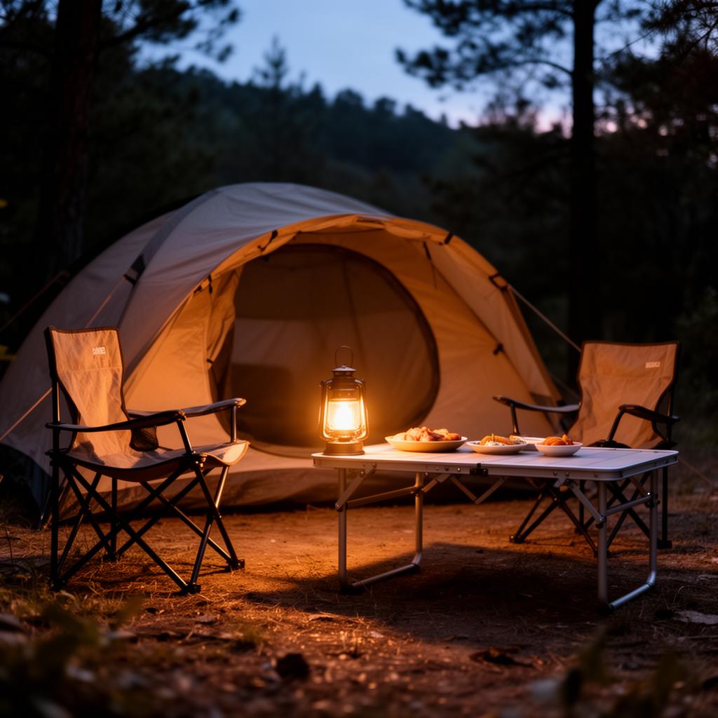Campsite at dusk with a tent, camp chairs, lantern, and outdoor dining table