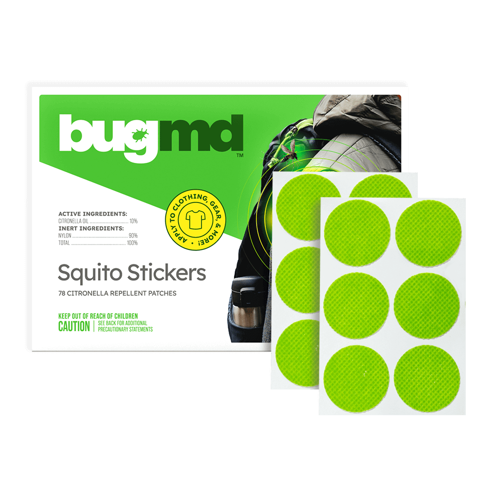 BugMD Squito Stickers retail box with two sheets of round green citronella repellent patches