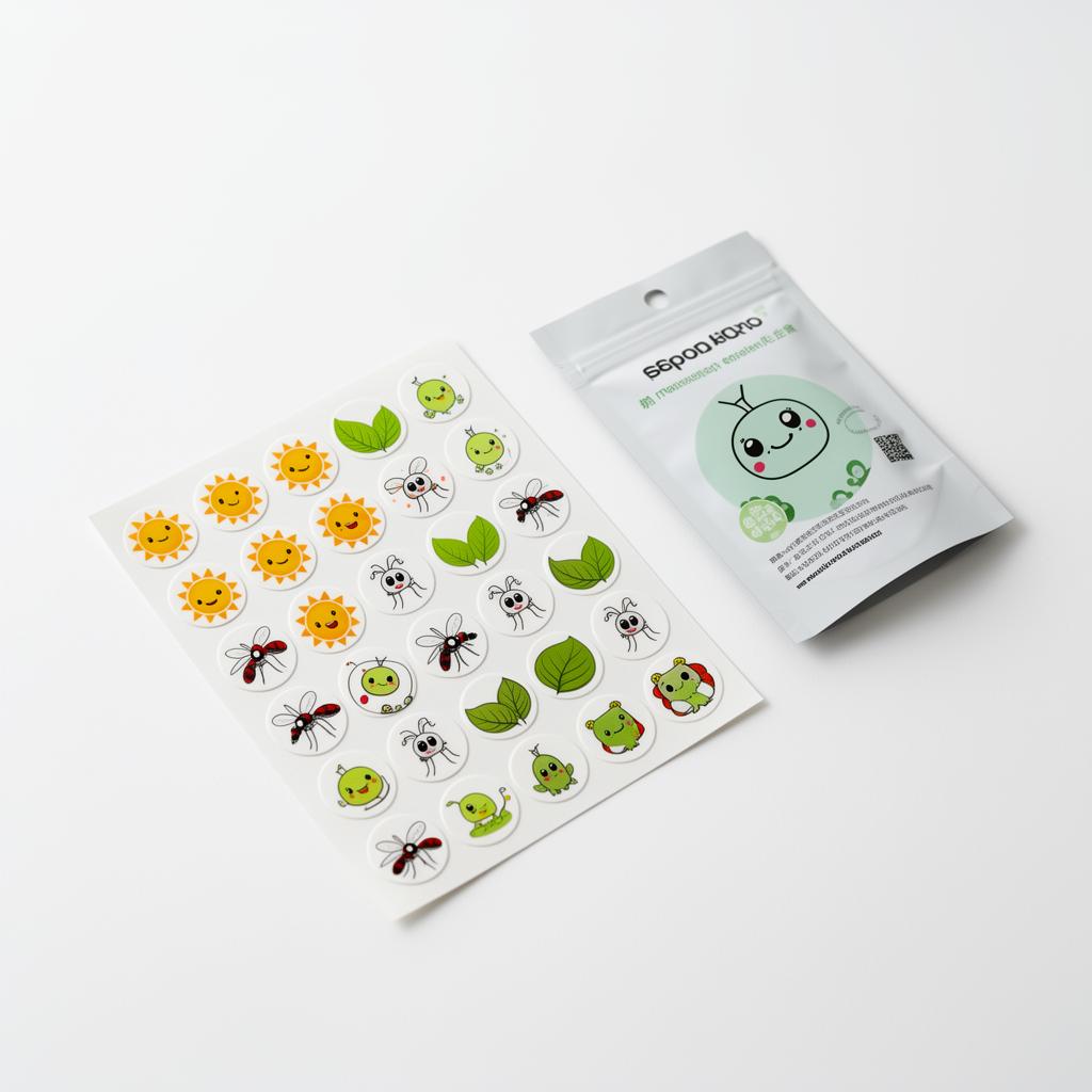 BugMD Squito Stickers sheet of round mosquito repellent stickers next to branded packaging