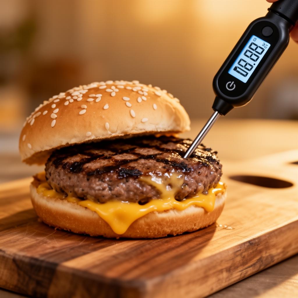 Instant-read thermometer probing the side of a grilled cheeseburger