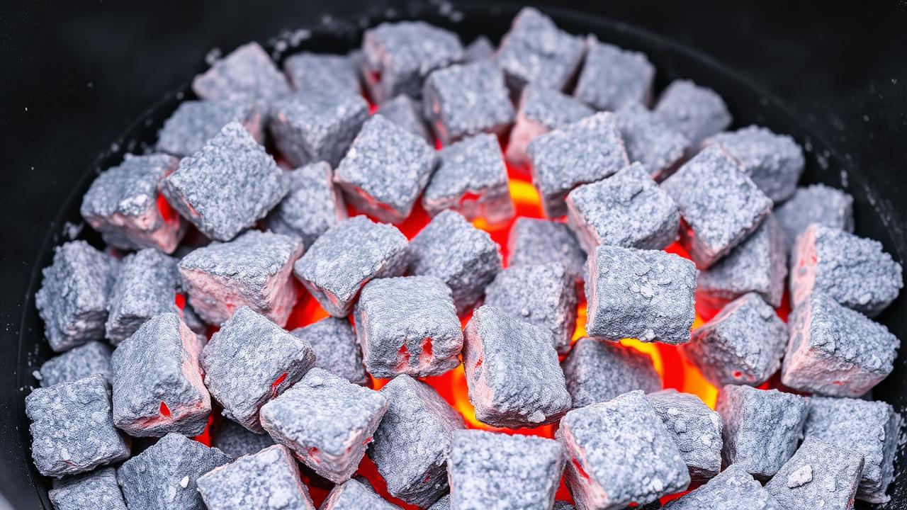Charcoal grill with lid off showing properly ashed coals before closing