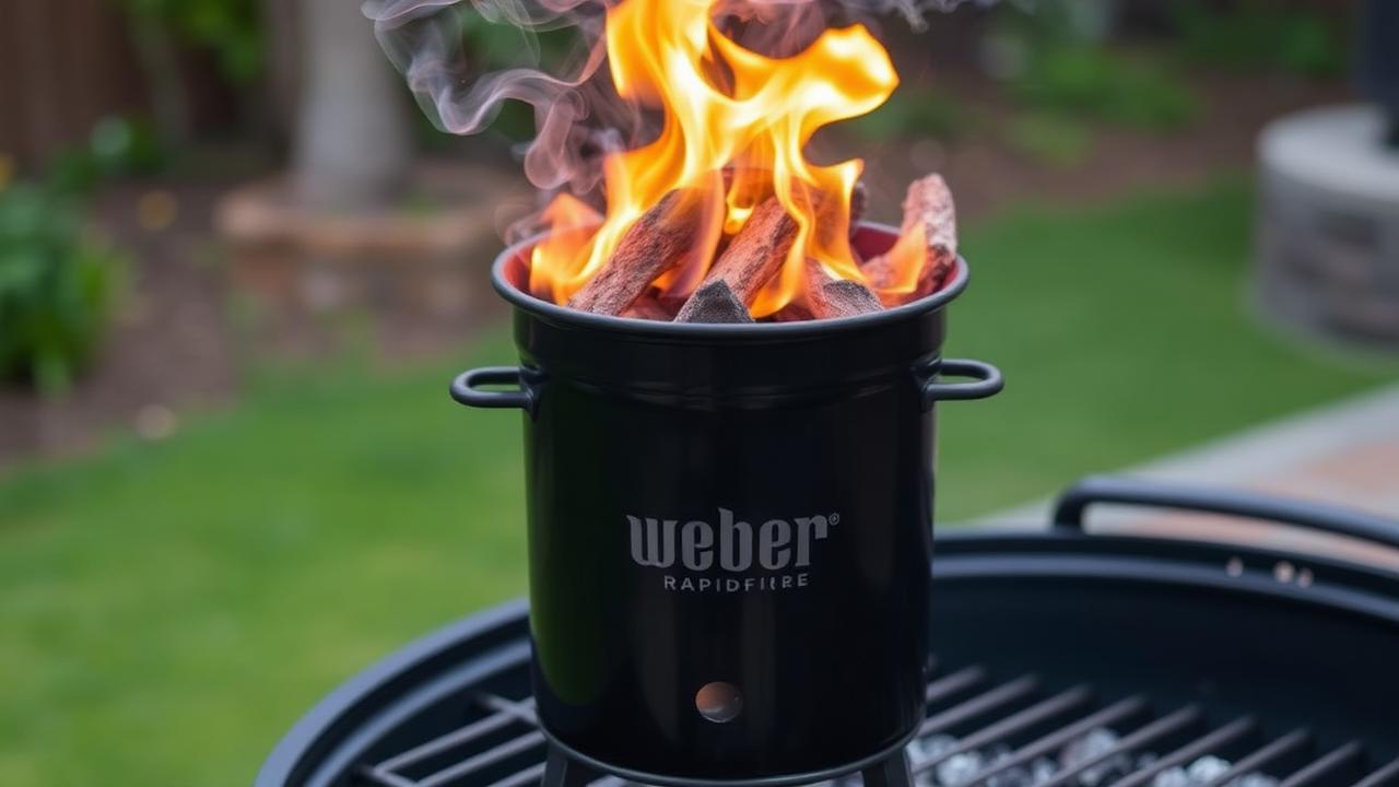 Weber chimney starter filled with charcoal, smoke rising as coals heat up