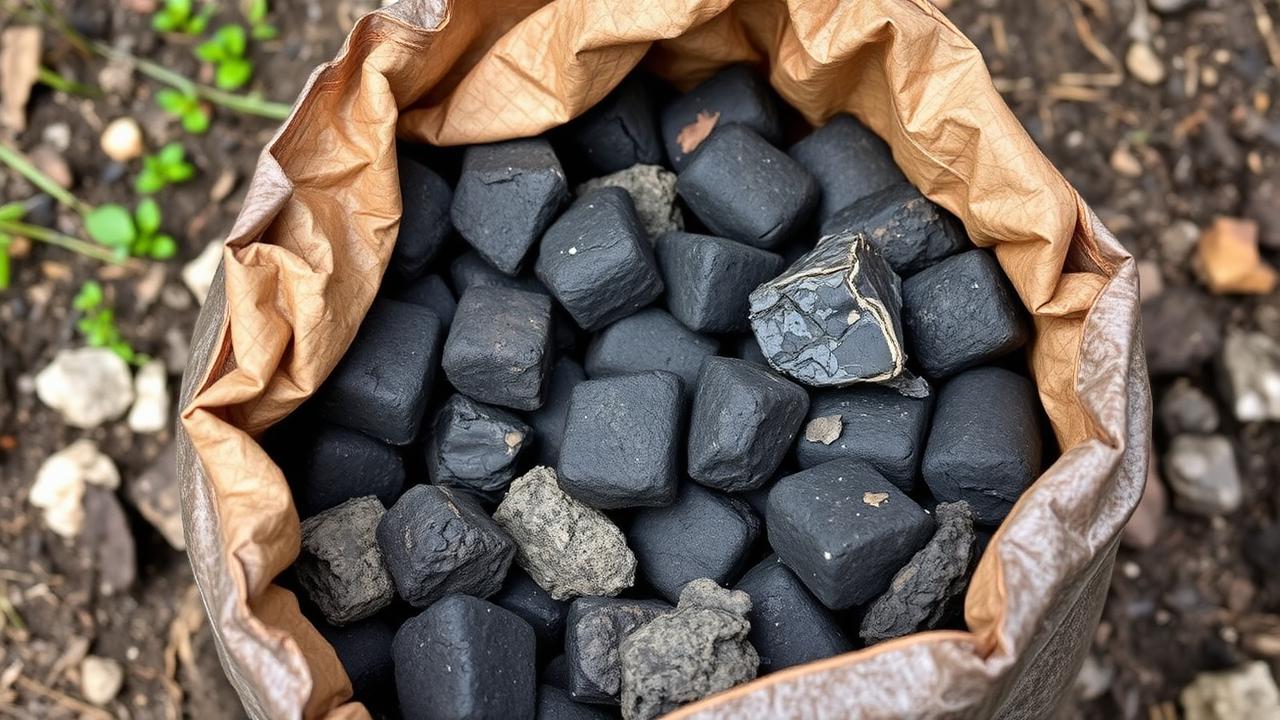 Bag of old, moisture-damaged charcoal briquettes showing visible damp spots
