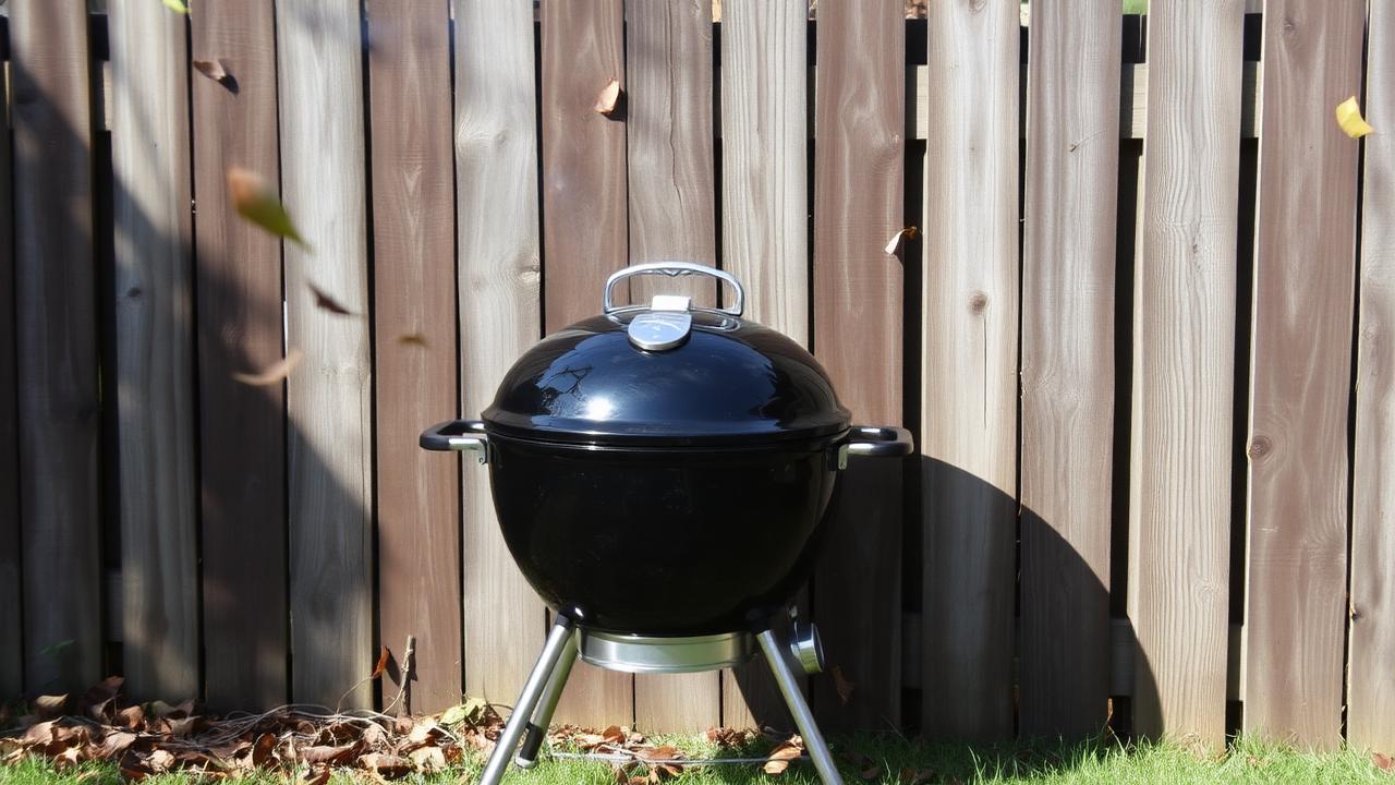 Charcoal grill positioned against a wind block on a windy day