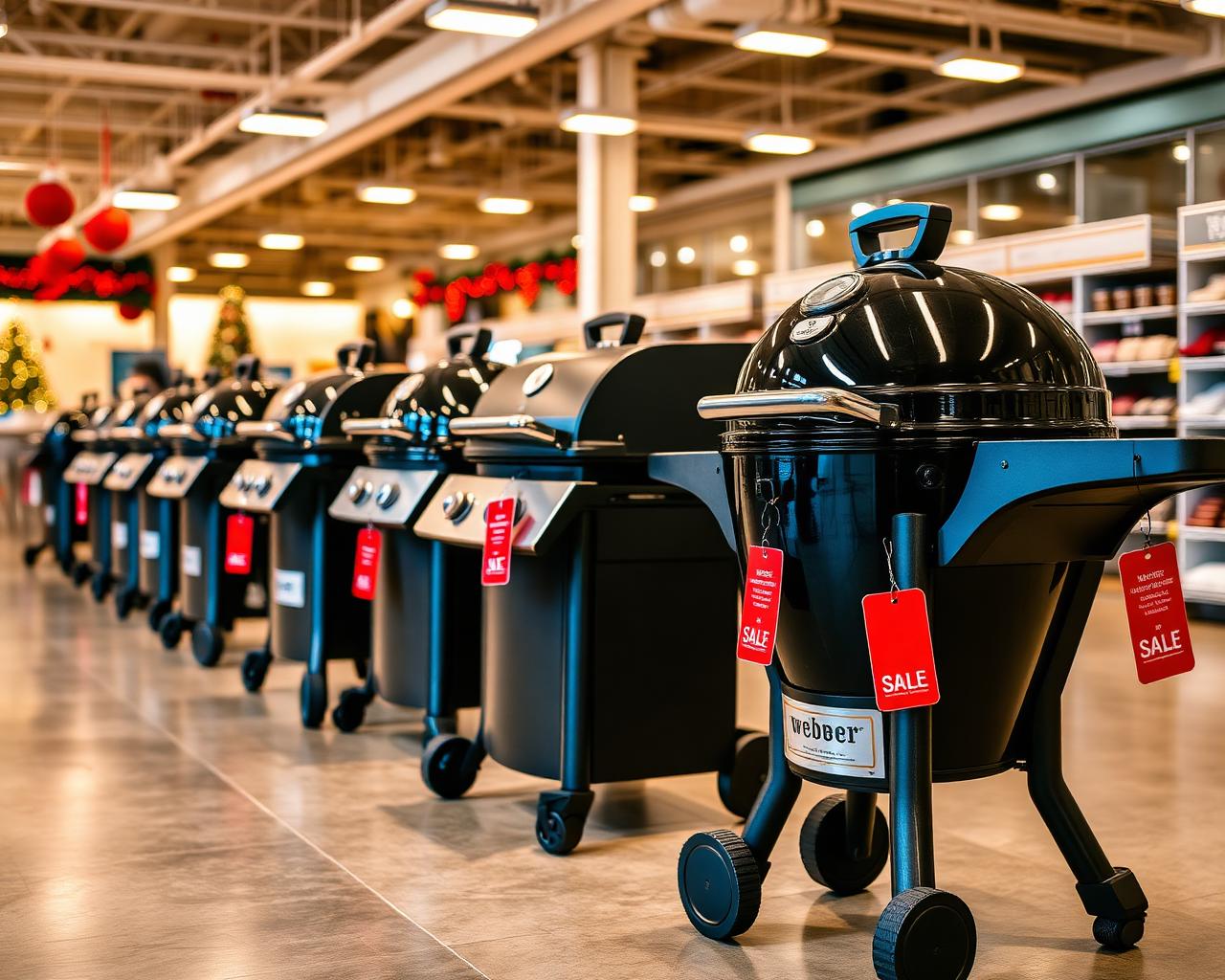 Weber grills displayed at retailer with Cyber Monday discount signage and red sale tags