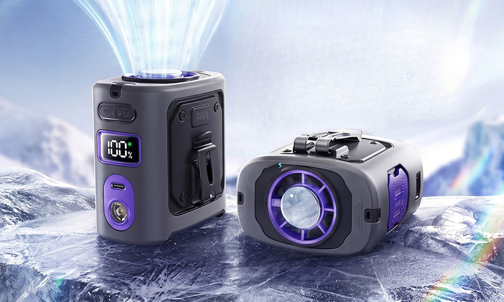 Two Esslyn iCube portable personal cooling units shown together with battery display and fan vent on an icy background