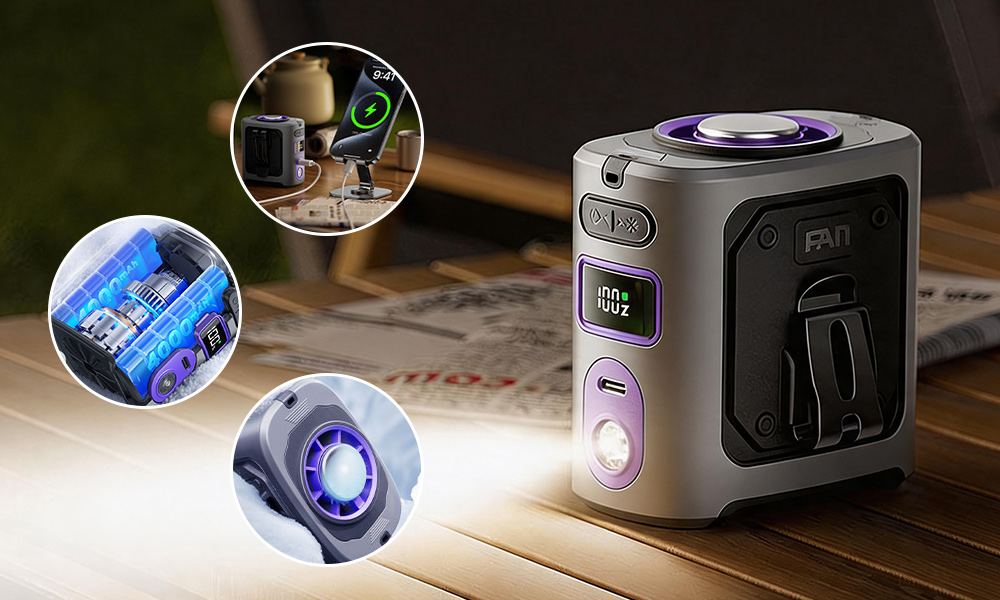Esslyn iCube portable personal cooler on a wooden table with insets showing the fan, battery, and USB charging features