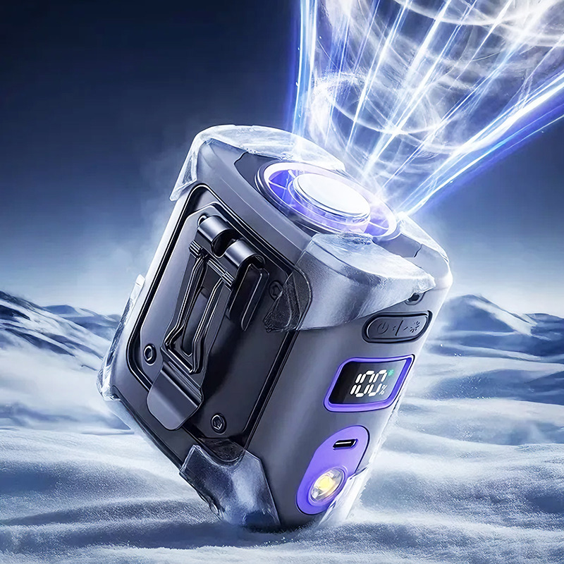 Esslyn iCube portable personal cooling device with glowing display and cool air visual on a snowy background