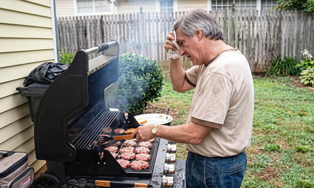 Man wiping sweat from his forehead while grilling burgers on a hot summer day in the backyard