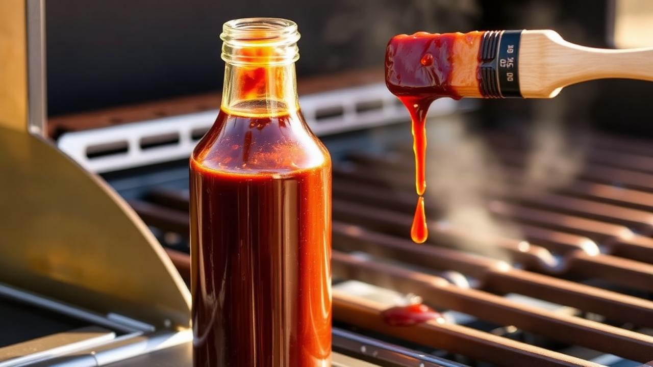 Bottle of BBQ sauce next to a grill showing how sugary marinades drip