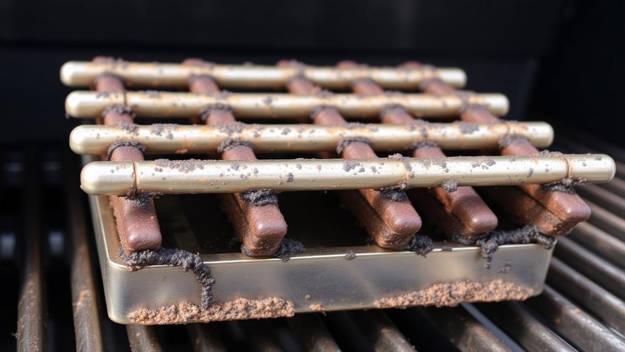 Grease-encrusted flavorizer bars from a Weber gas grill