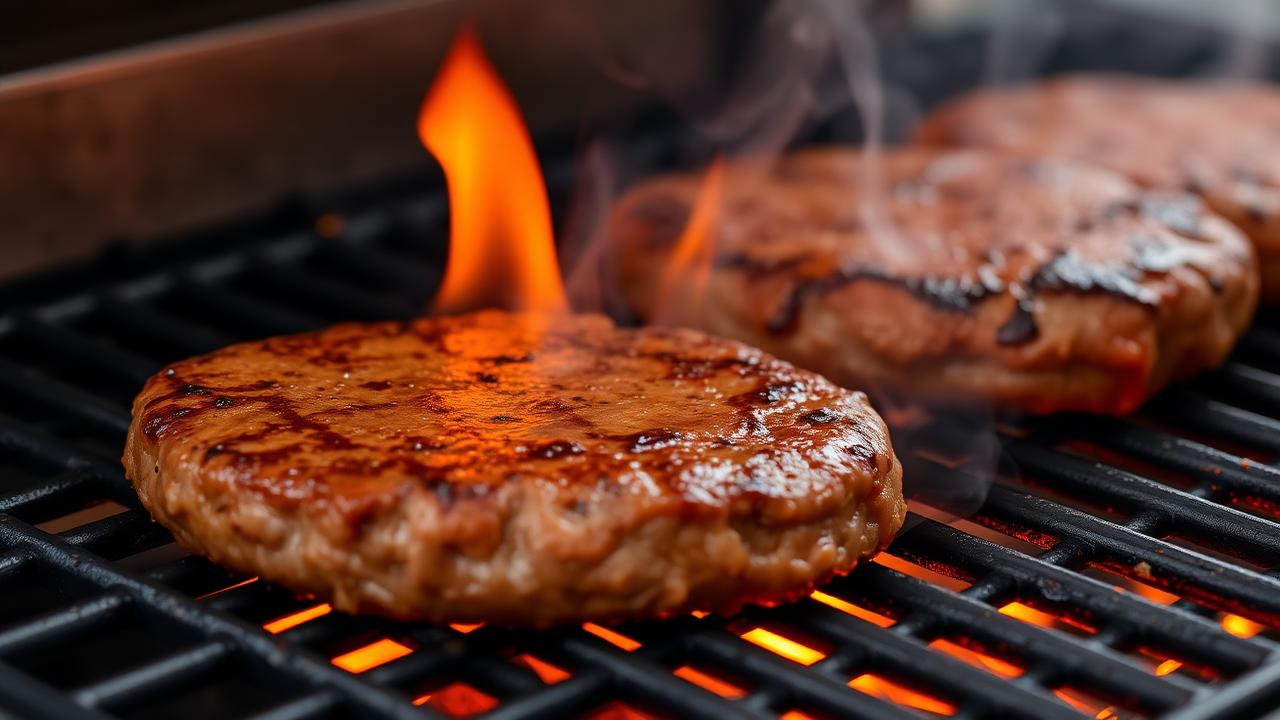Fatty burgers on a grill with controlled flames