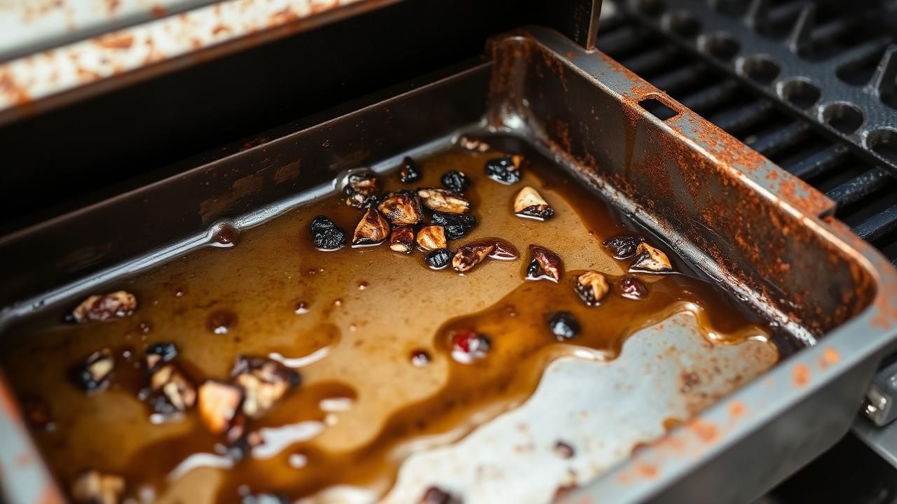 Grease tray of a gas grill with significant grease buildup and food debris