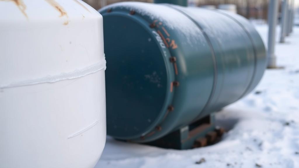 Propane tank in cold weather with frost forming on the side