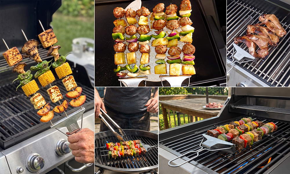 Graddi TrioGrip Skewers in use across multiple cooks: halloumi, kabobs, chicken wings, mixed beef and vegetable skewers
