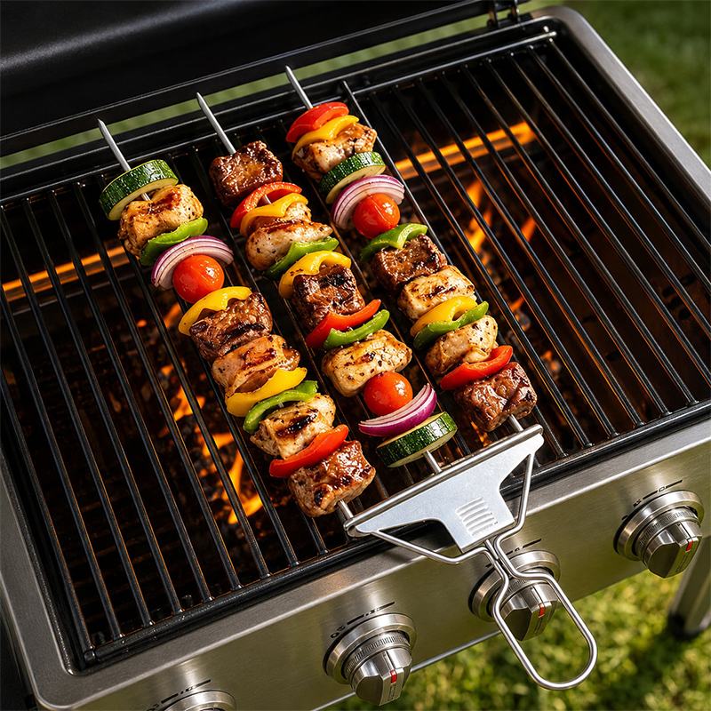 Graddi TrioGrip Skewers loaded with chicken, vegetables and shrimp on a grill