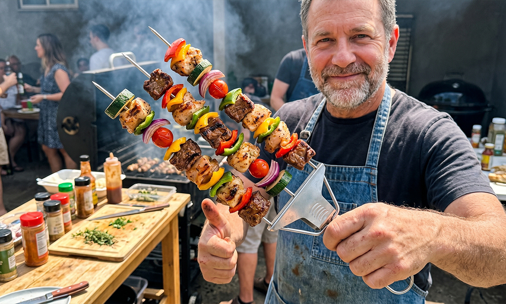 Graddi TrioGrip Skewers loaded with chicken, peppers, and vegetables