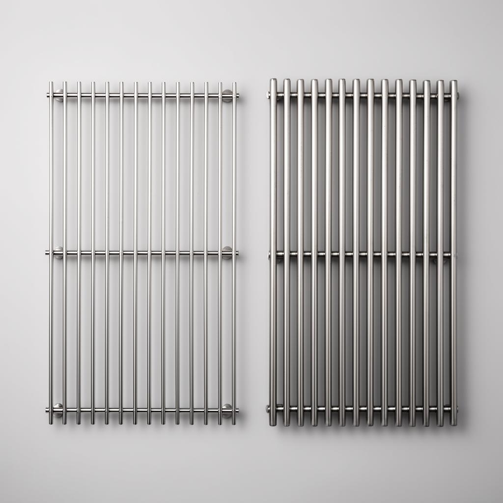 Two stainless steel grill grates side by side comparing thinner 7mm rods to thicker 9mm rods