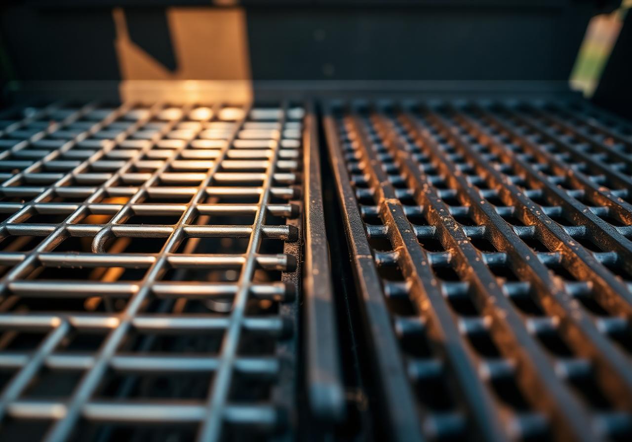 Stainless steel and porcelain-coated cast iron grill grates side by side on a gas grill
