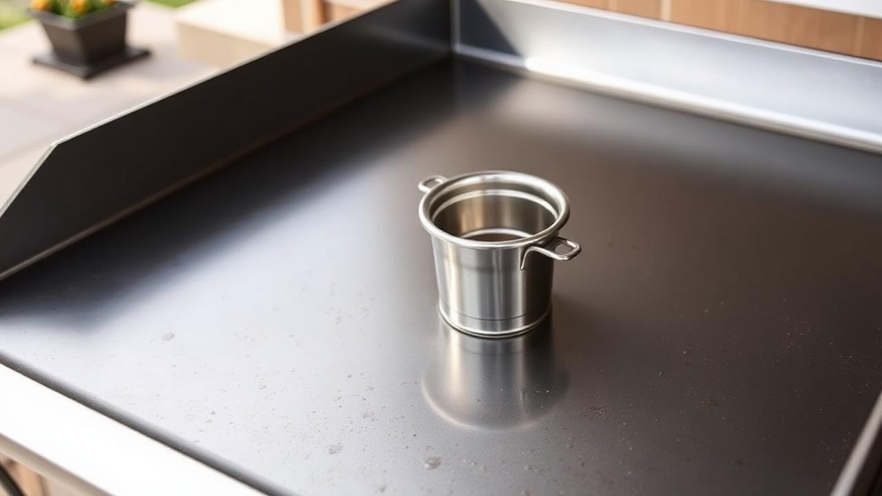 Blackstone griddle showing the rear-mounted grease cup in its slide-in holder
