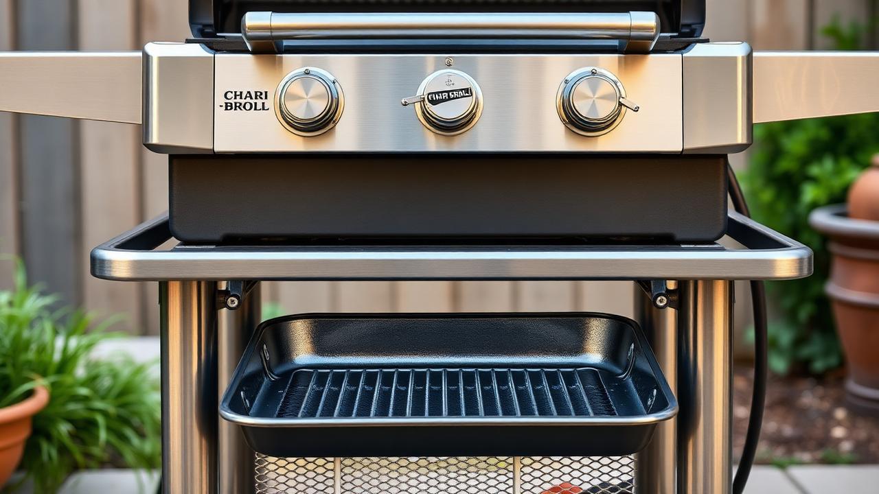 Char-Broil gas grill grease pan sliding out from the bottom front of the cart
