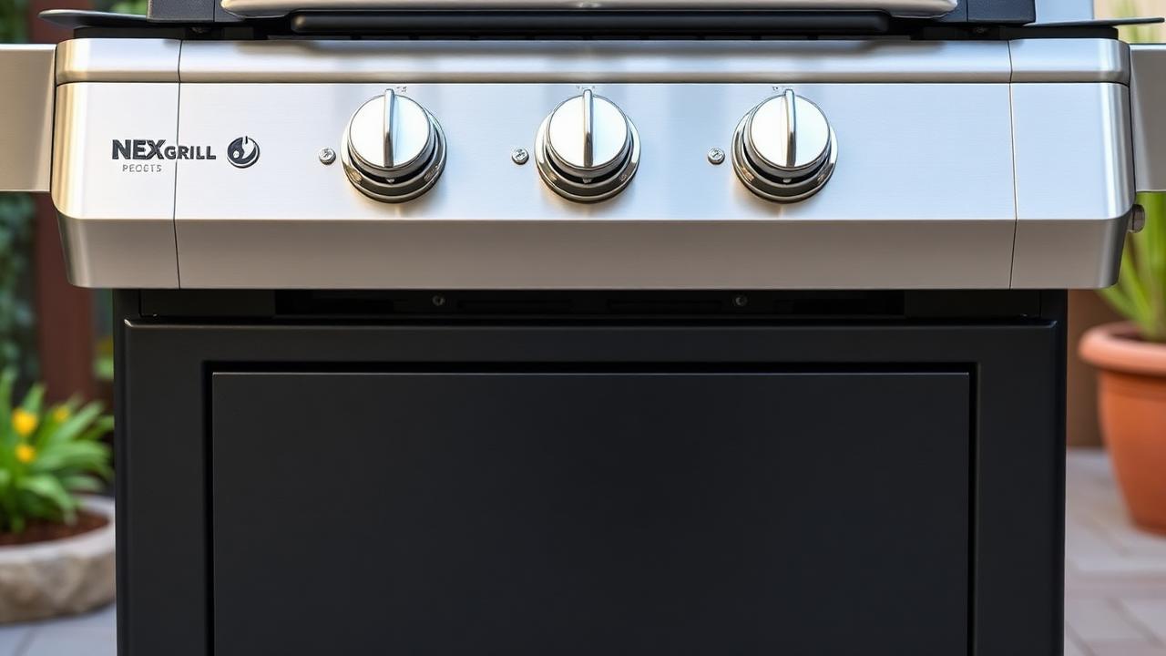 Nexgrill removable grease cup mounted at the bottom front of the cabinet