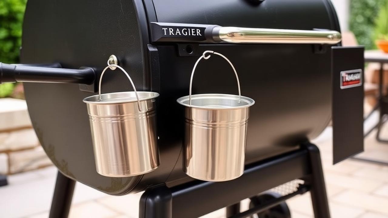 Traeger pellet grill showing the grease bucket hanging from the side chute