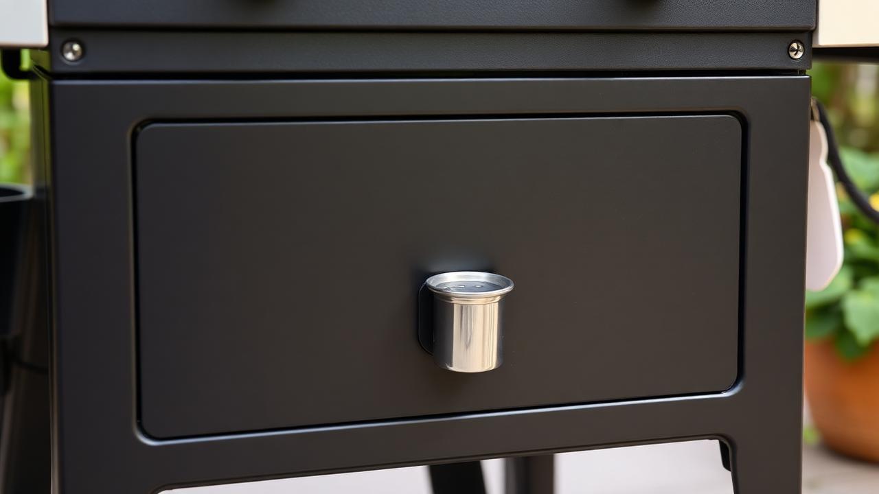 Weber gas grill showing grease tray slot location at the bottom rear of the cabinet