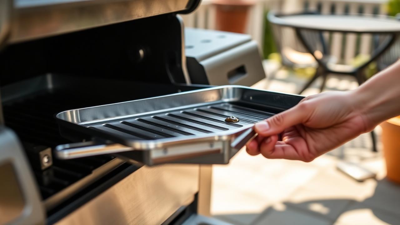 Grill grease tray being slid out from underneath the grill cabinet